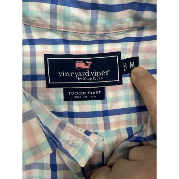 Vineyard Vines Mens Medium Button Up Plaid Pink Blue Tucker Shirt 100% Cotton - Picture 3 of 7